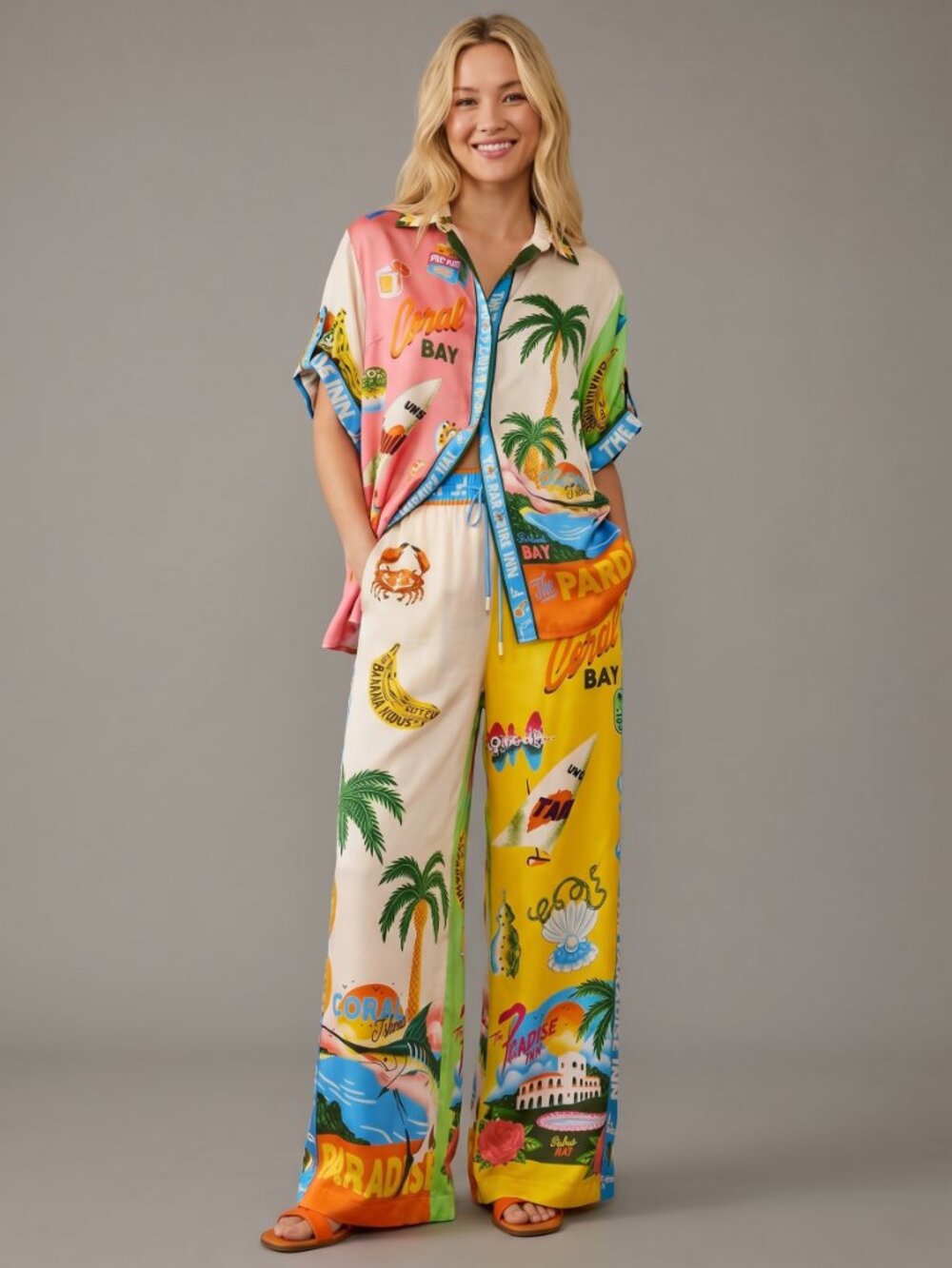 Women’s Tropical Print 2 Piece Set Wide Leg Pants Vacation Resort Outfit - Picture 2 of 5